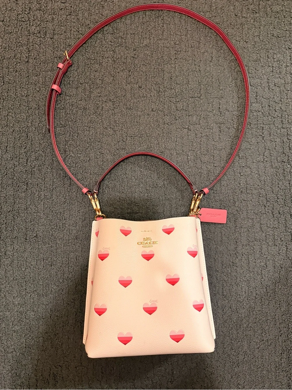 Coach Pink Heart Print Crossbody Bag with Red Trim
